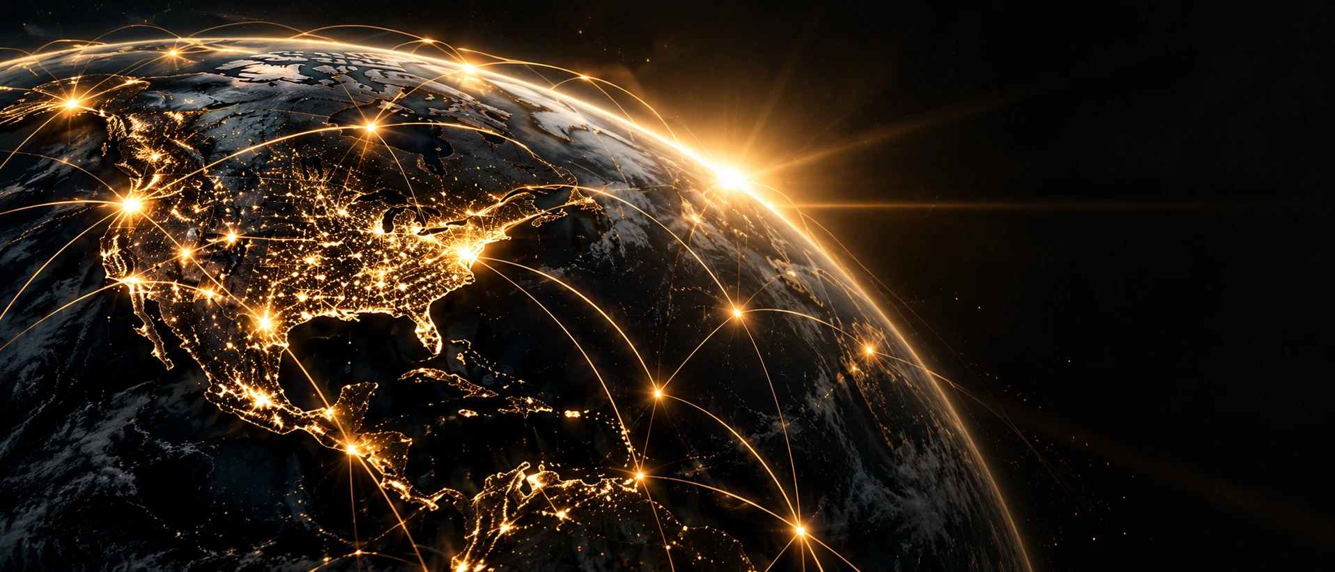 Connected global business networks illuminated in gold