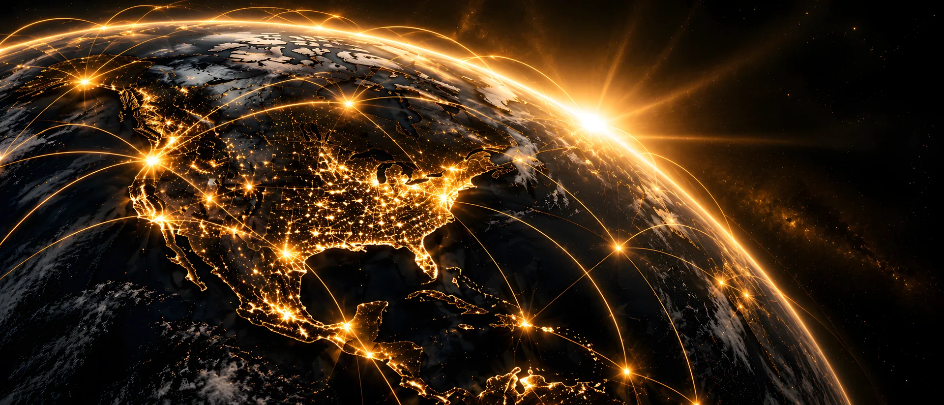 Golden connections stretching across an illuminated Earth